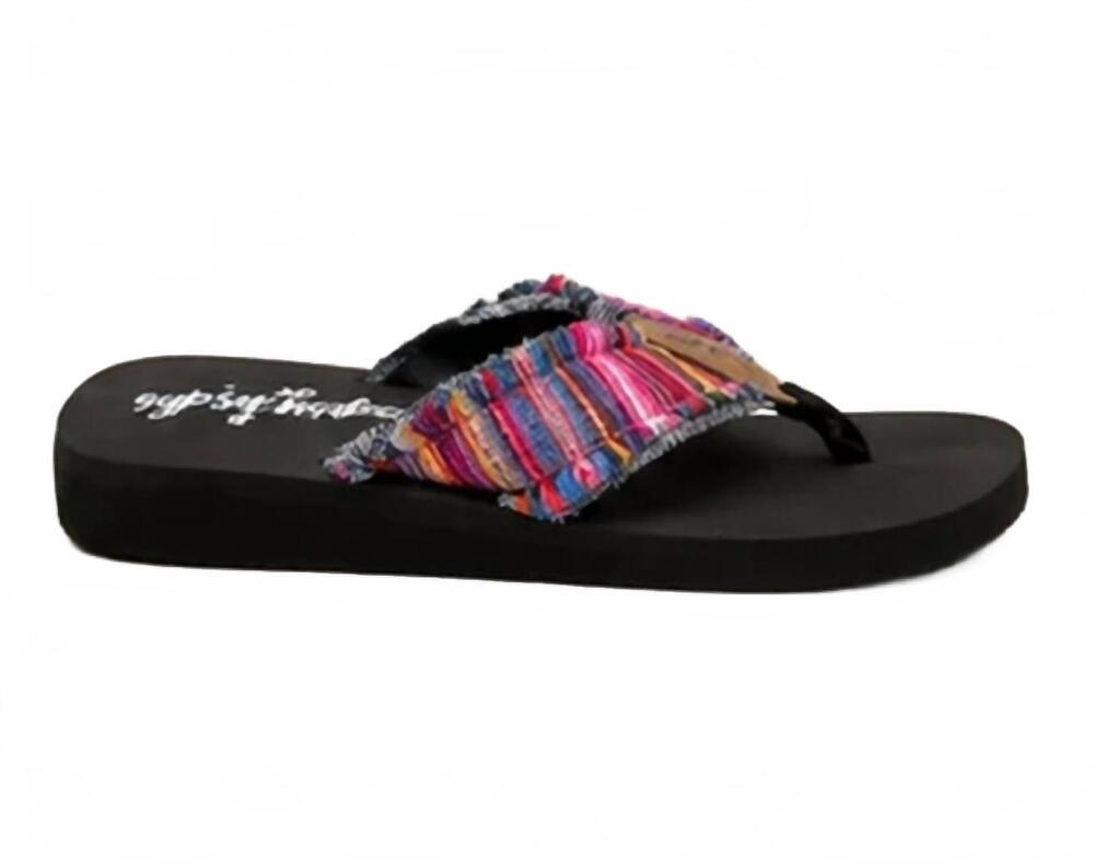 NEW GYPSY JAZZ women's frayed colorful flip flop in black